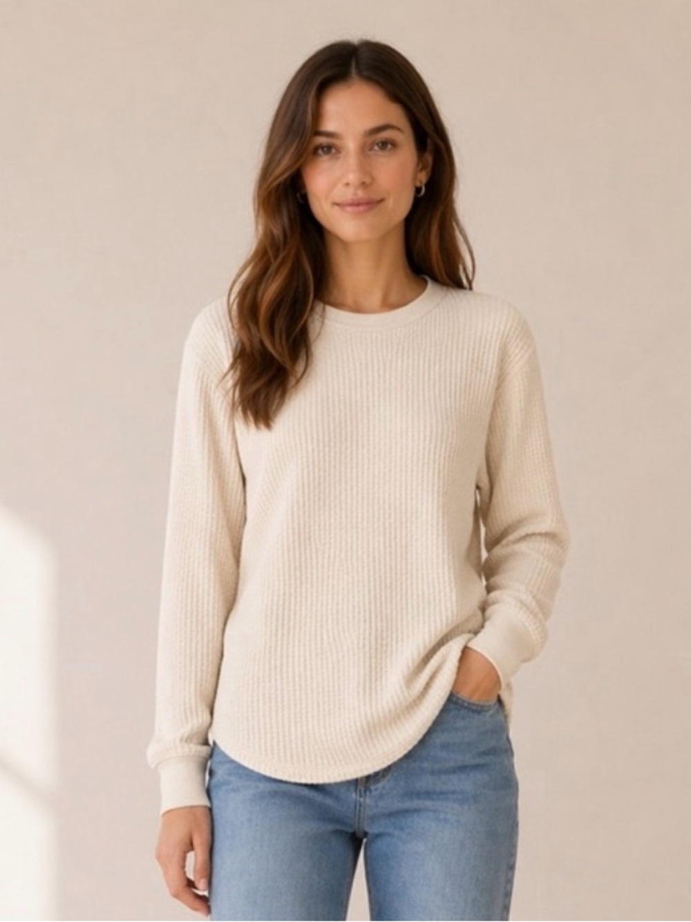 UNIQLO Women’s Cream Waffle Knit Long Sleeve Crewneck Top XS